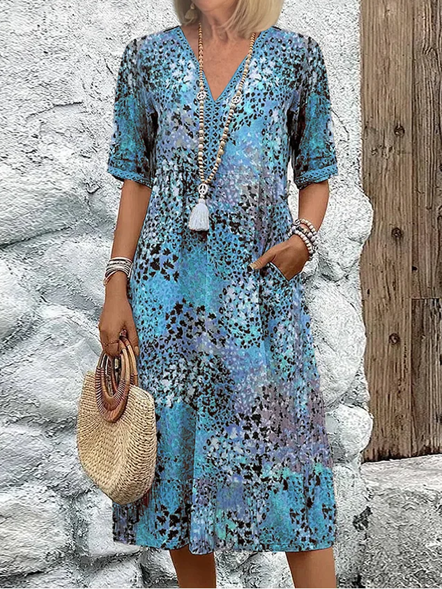 Dam Midiklänning Kortärmad V-Ringad