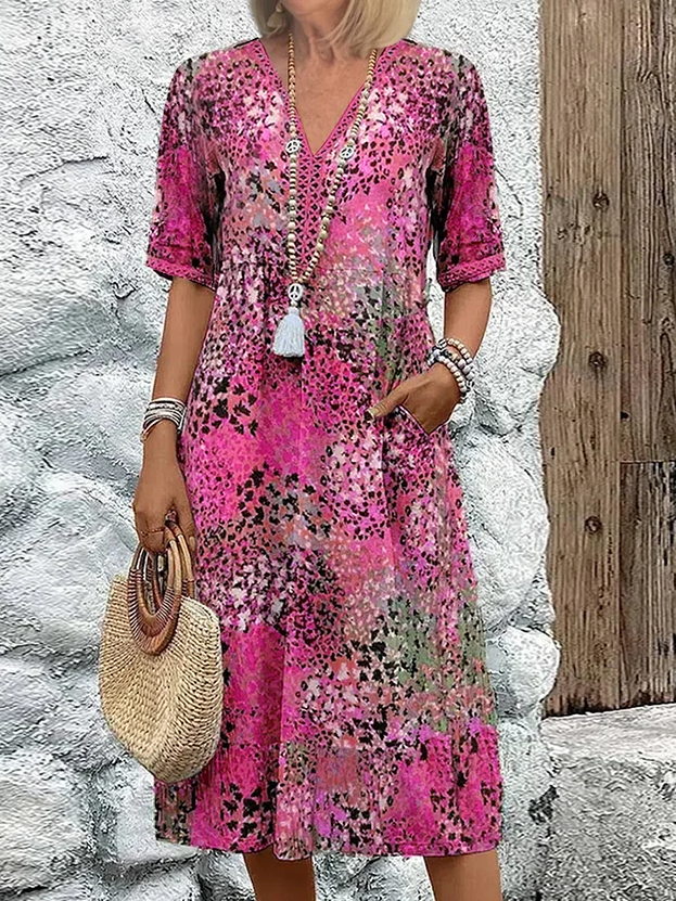 Dam Midiklänning Kortärmad V-Ringad