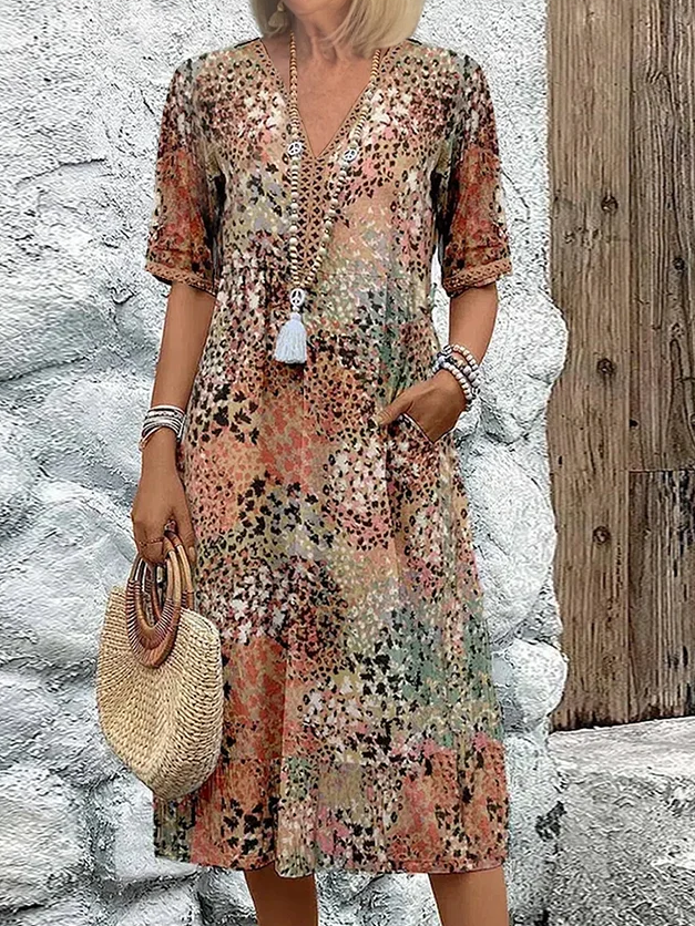 Dam Midiklänning Kortärmad V-Ringad