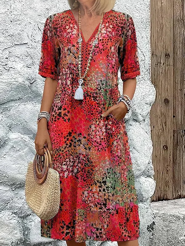 Dam Midiklänning Kortärmad V-Ringad